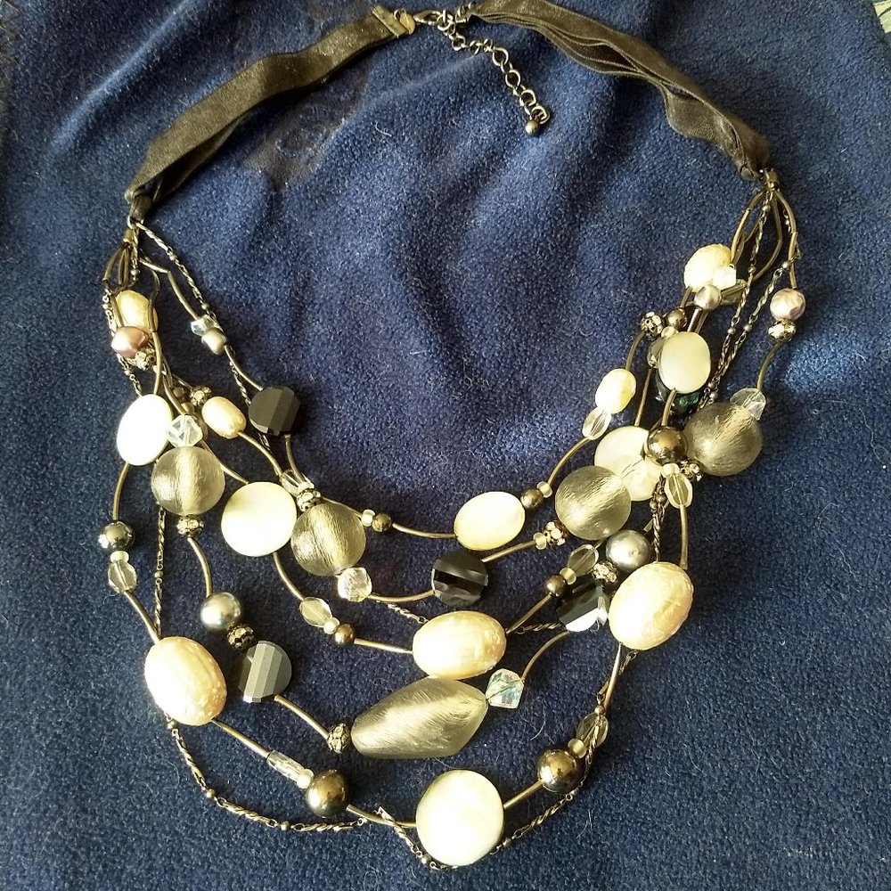 Chico's Boho Glam Multi Strand Necklace Mother of Pearl, Black , Silver, Beads.